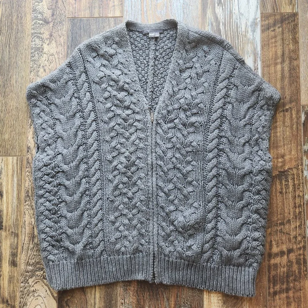VINCE Cable-Knit Zip-Up Poncho Cape Sweater Side-Zipper Cotton Wool Cashmere